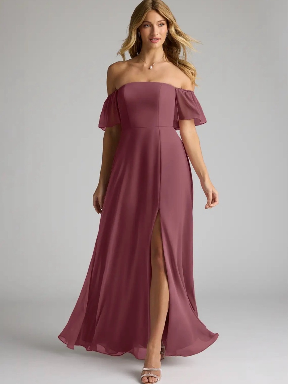 Azazie A-Line Off the Shoulder Chiffon Bridesmaid Dress - “Dusty Rose”